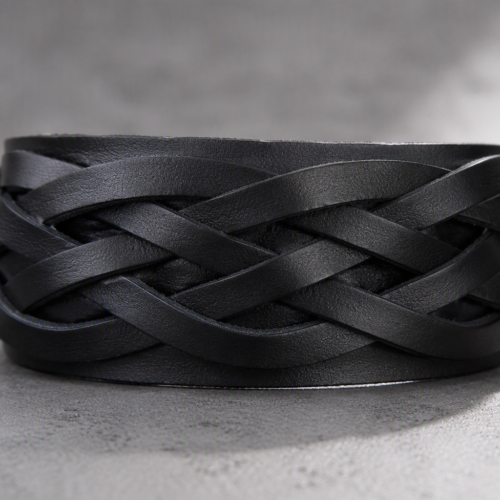 Détail du tressage de lanières du bracelet large noir