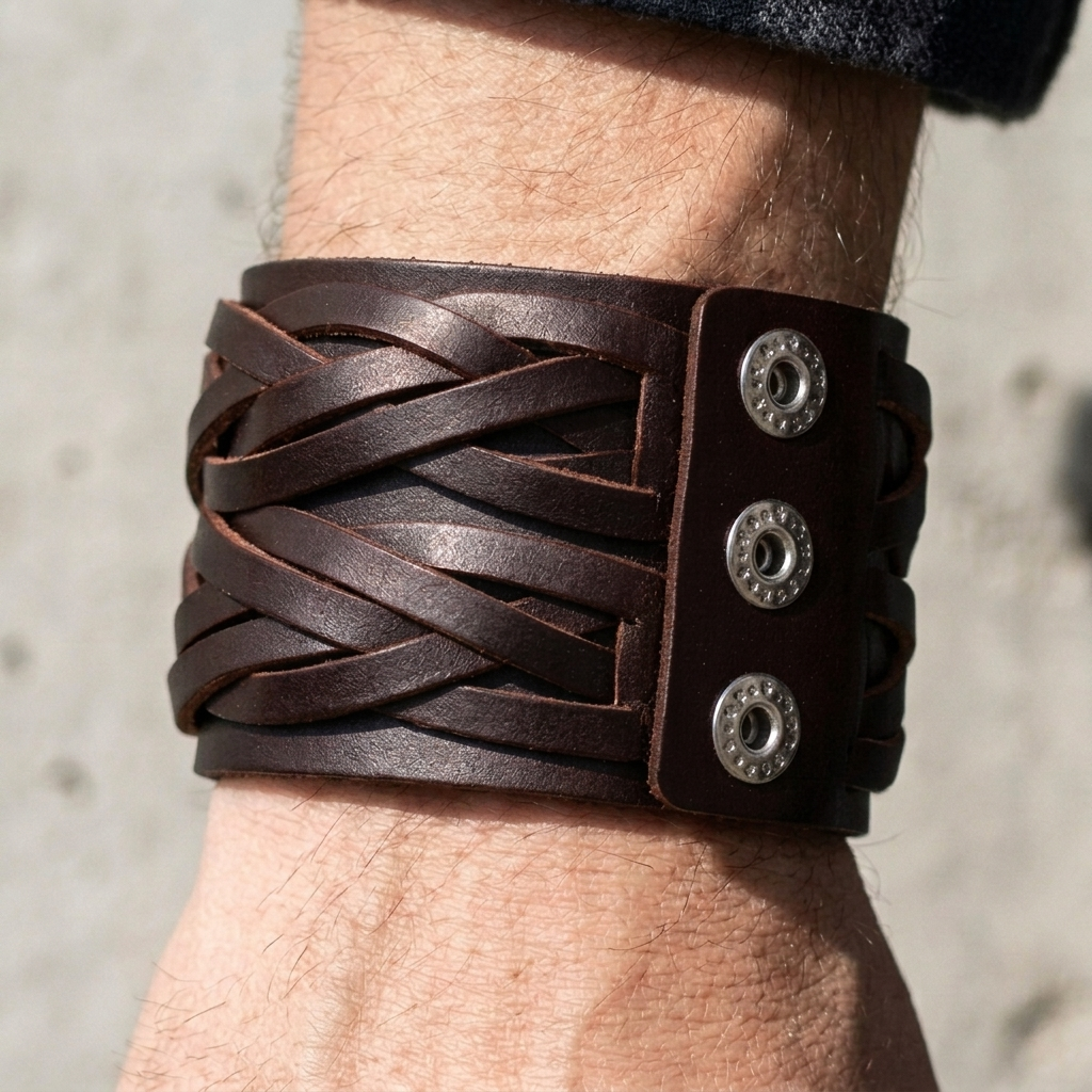 Bracelet homme large en cuir PU marron porté au poignet