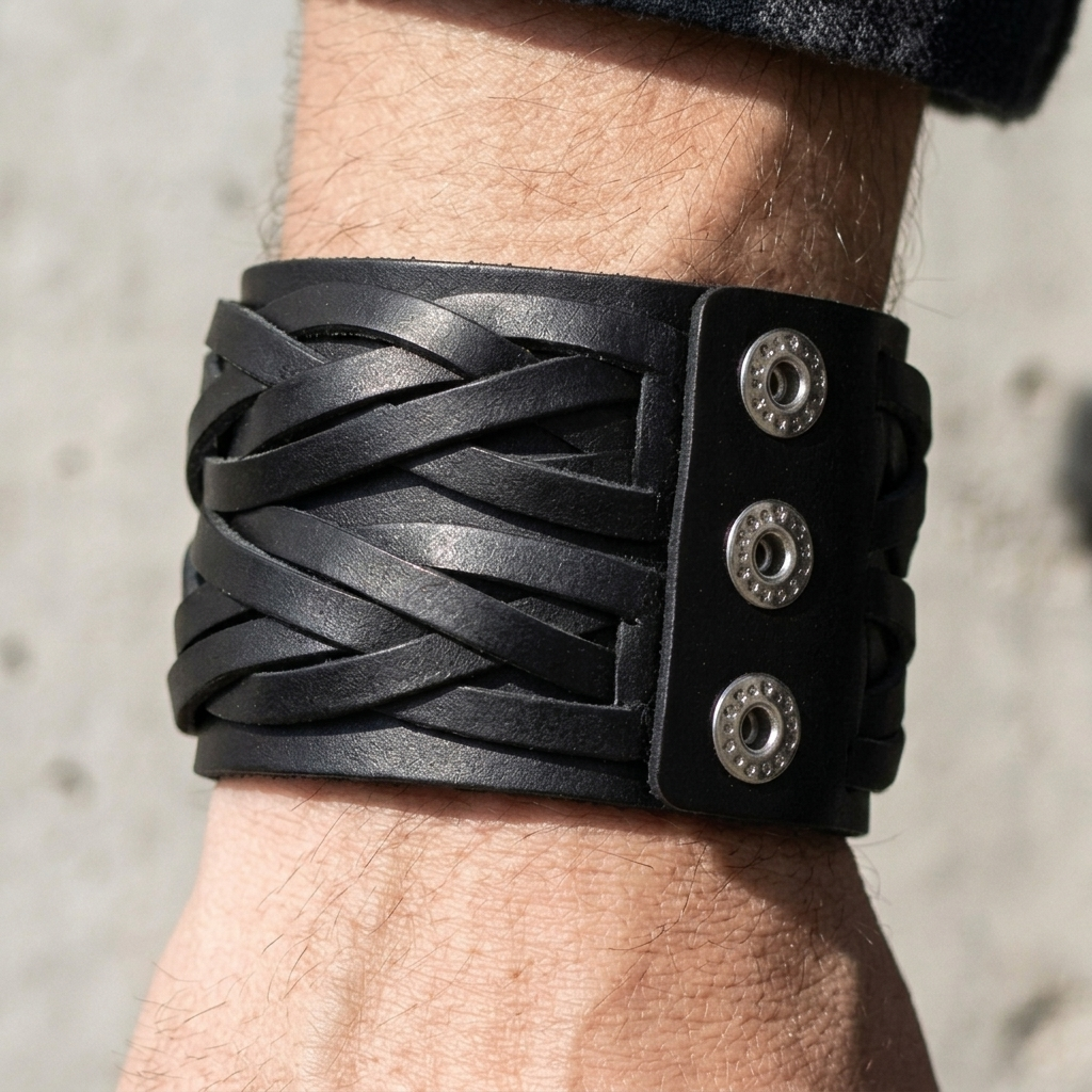 Bracelet homme large en cuir PU noir porté au poignet
