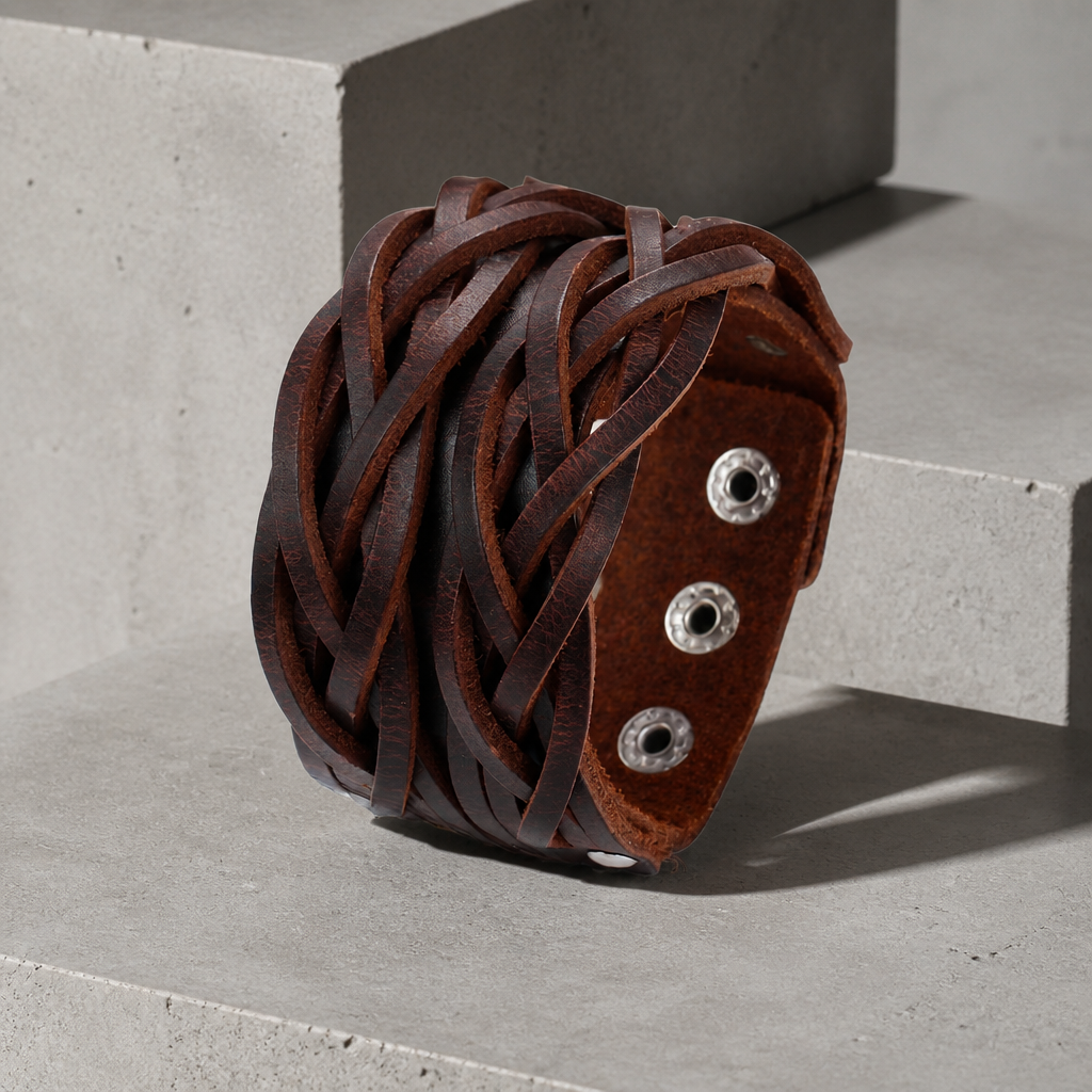 Bracelet homme large en cuir PU marron tressé, posé sur du béton