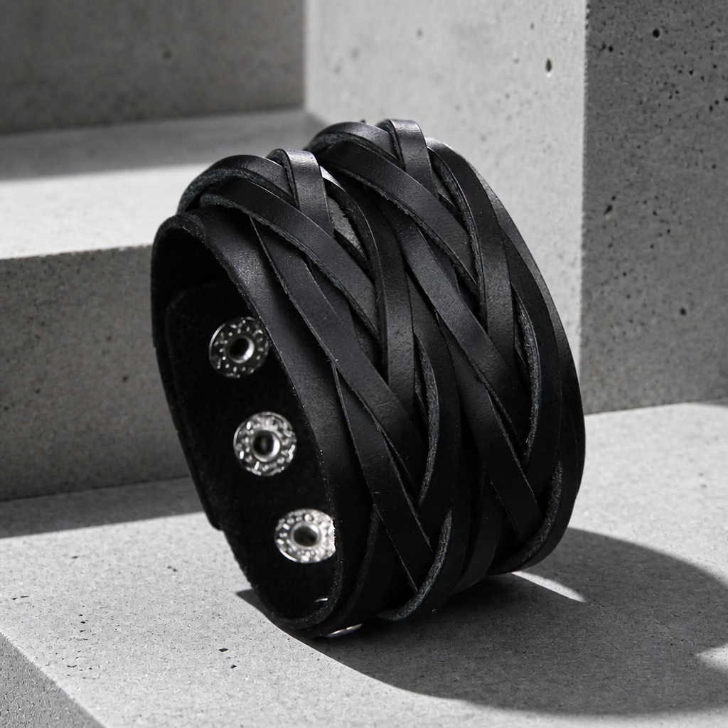 Bracelet homme large en cuir PU noir tressé, posé sur du béton