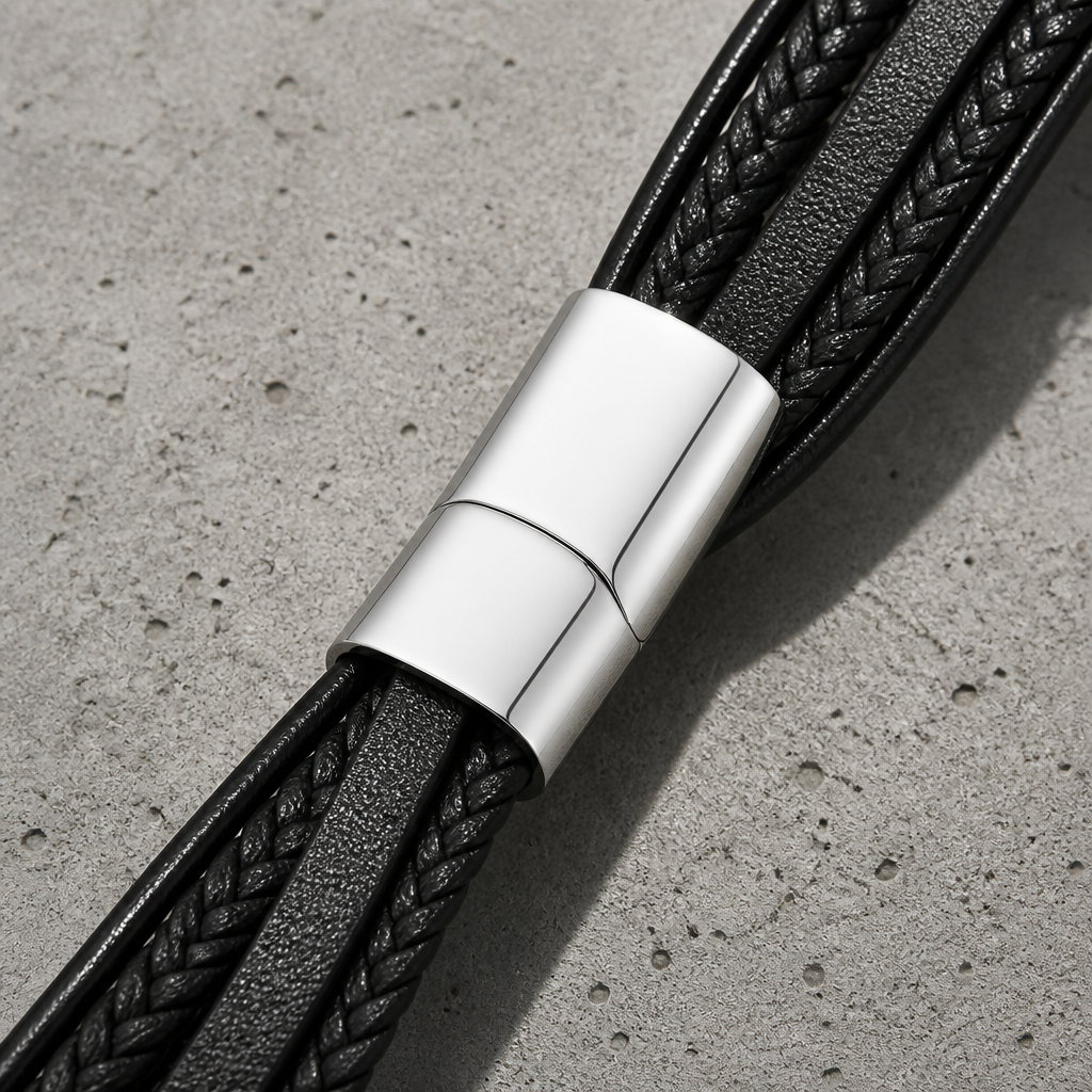 Fermoir tubulaire aimanté en acier du bracelet en cuir, vue macro