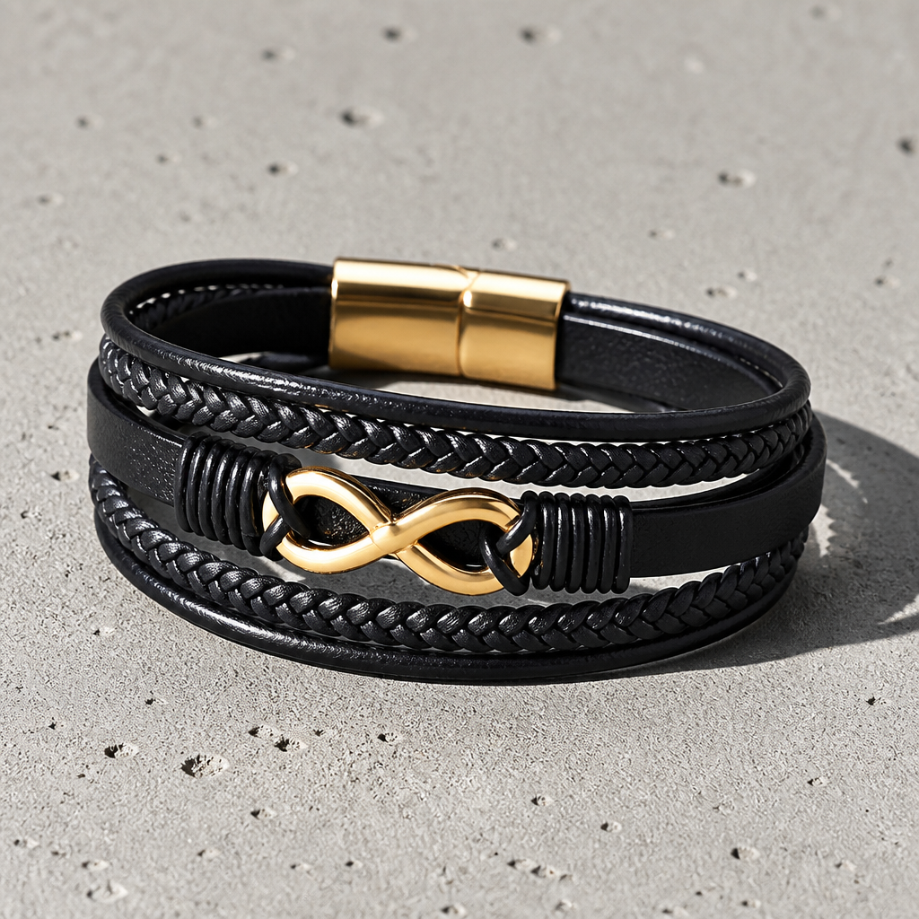 Détail des quatre rangs de cuir lisses et tressés du bracelet