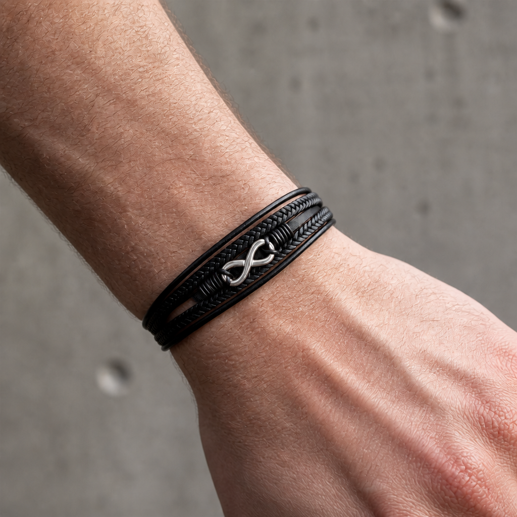 Bracelet cuir multi-rangs porté au poignet, infini en acier