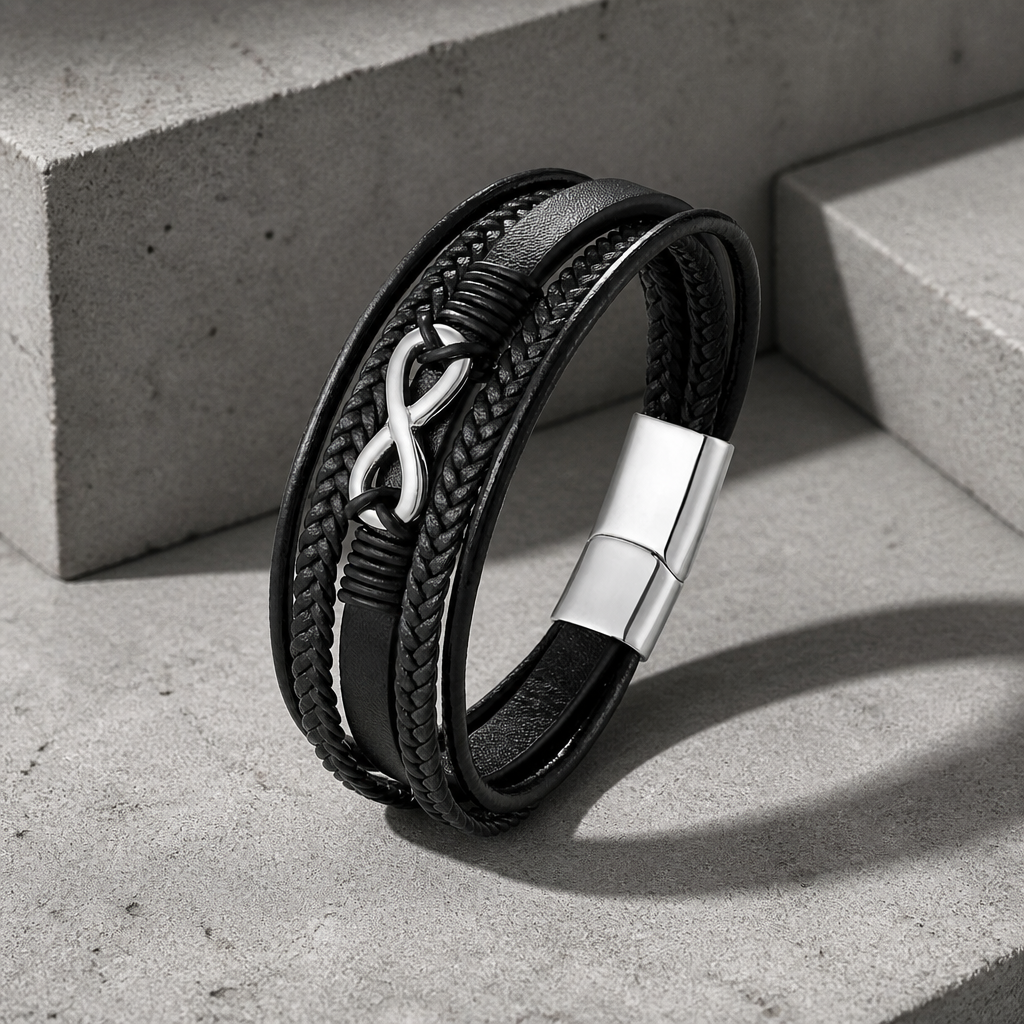 Bracelet cuir multi-rangs noir avec infini et fermoir en acier