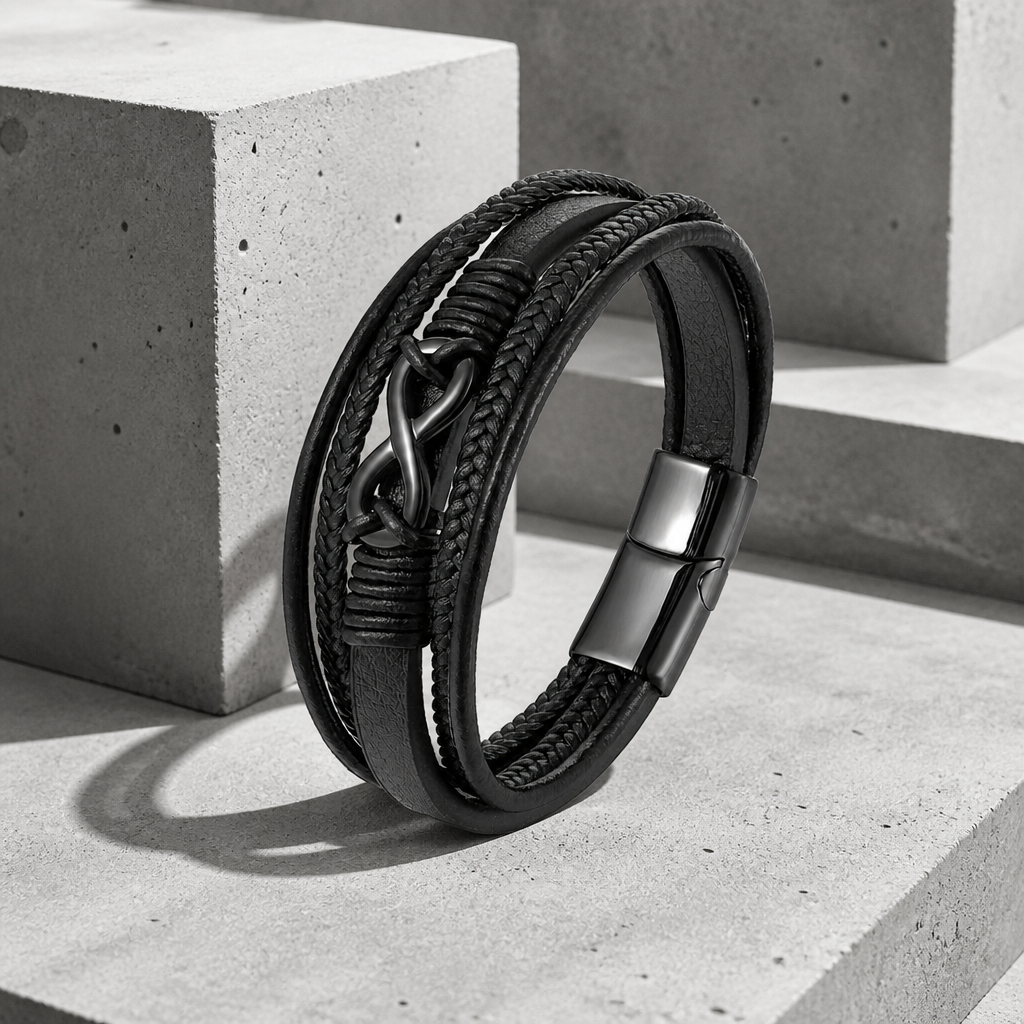Bracelet cuir multi-rangs noir avec infini et fermoir noirs