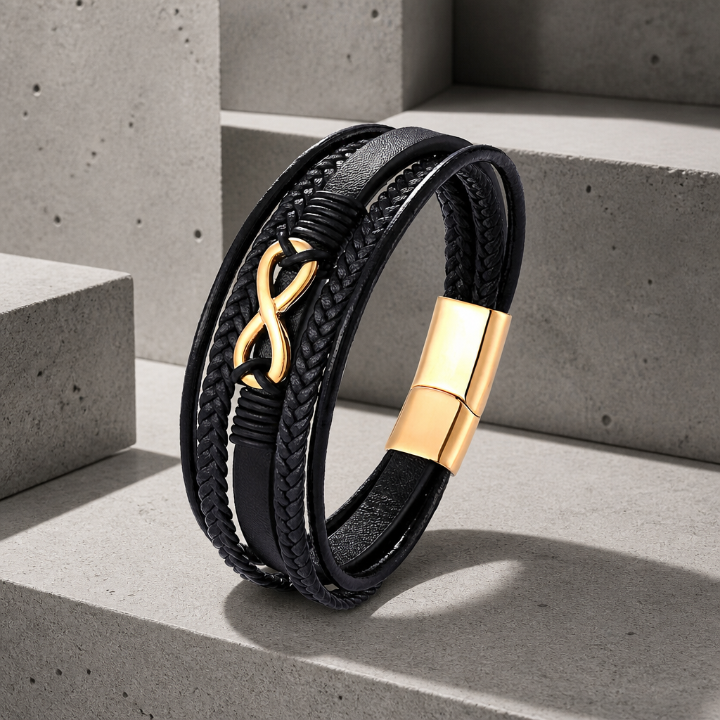 Bracelet homme moderne à quatre rangs de cuir noir et infini doré