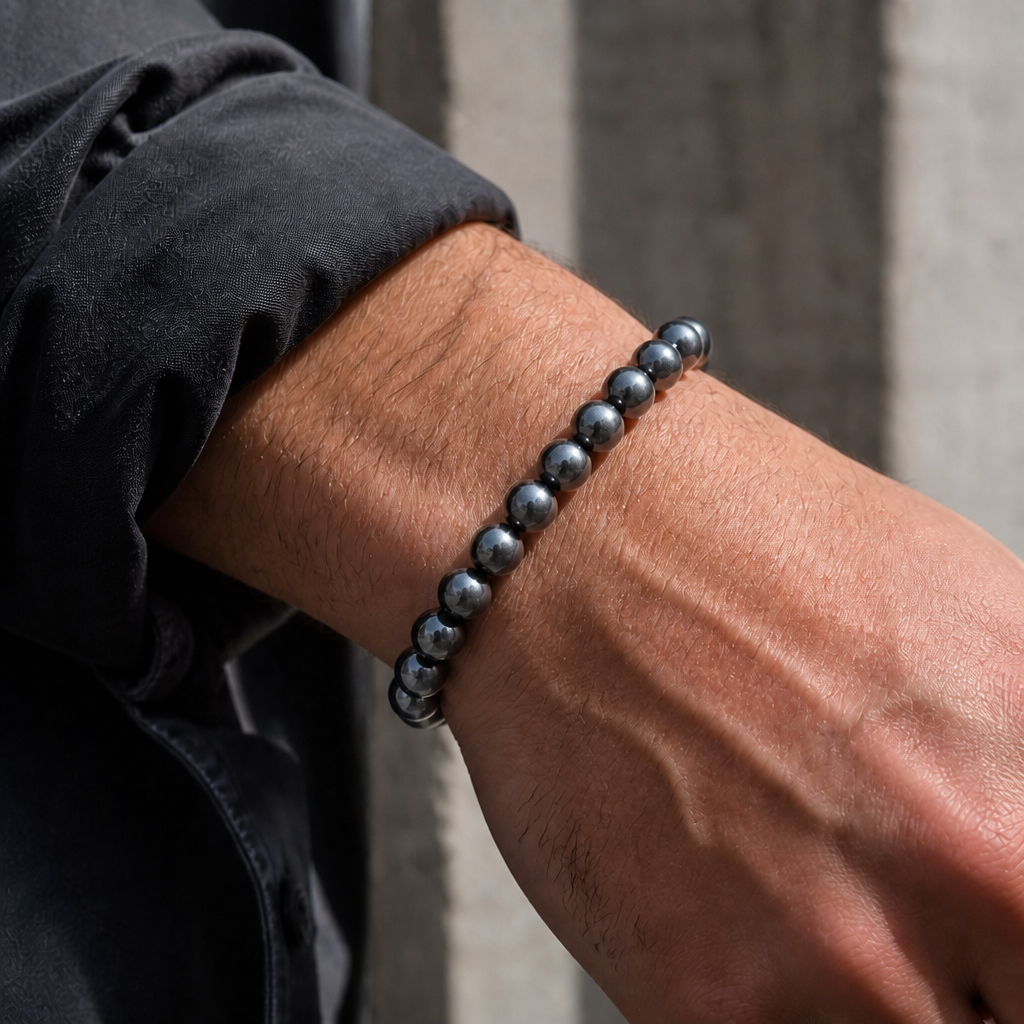 Bracelet obsidienne reflet argenté porté au poignet d'un homme