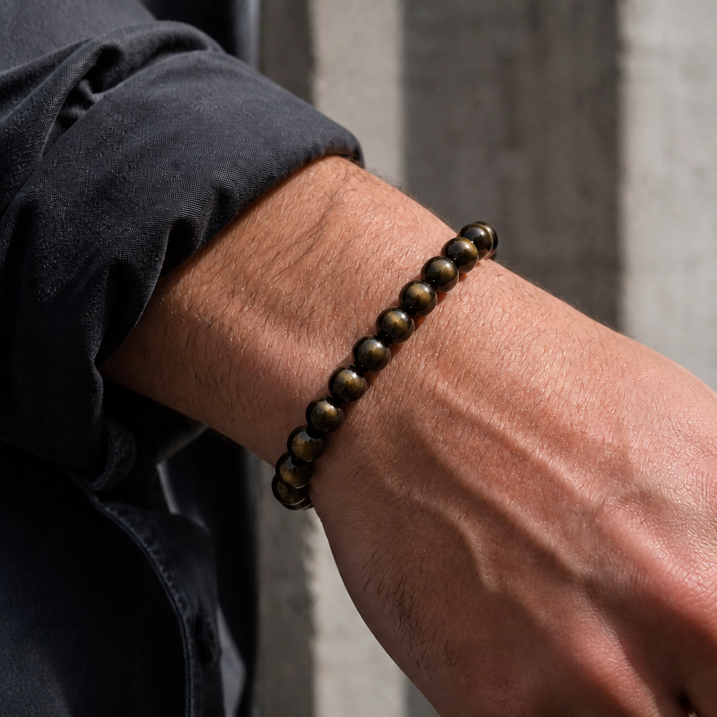 Bracelet obsidienne reflet doré porté au poignet d'un homme
