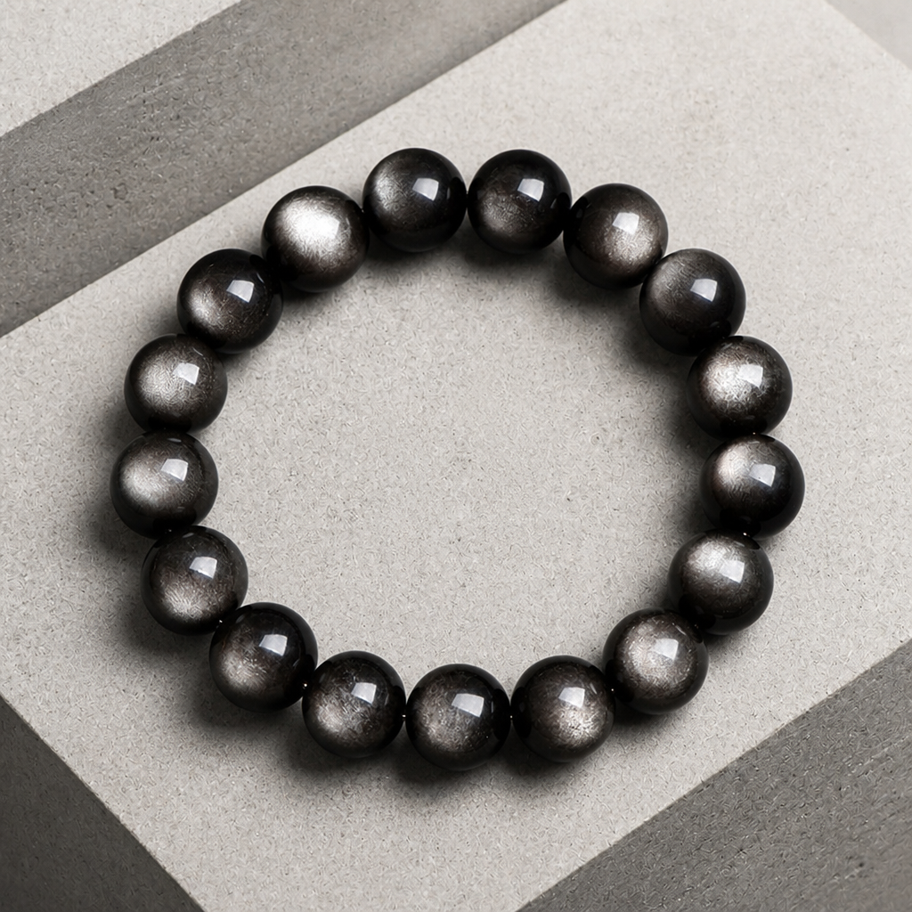 Bracelet homme obsidienne à reflet argenté, perles rondes