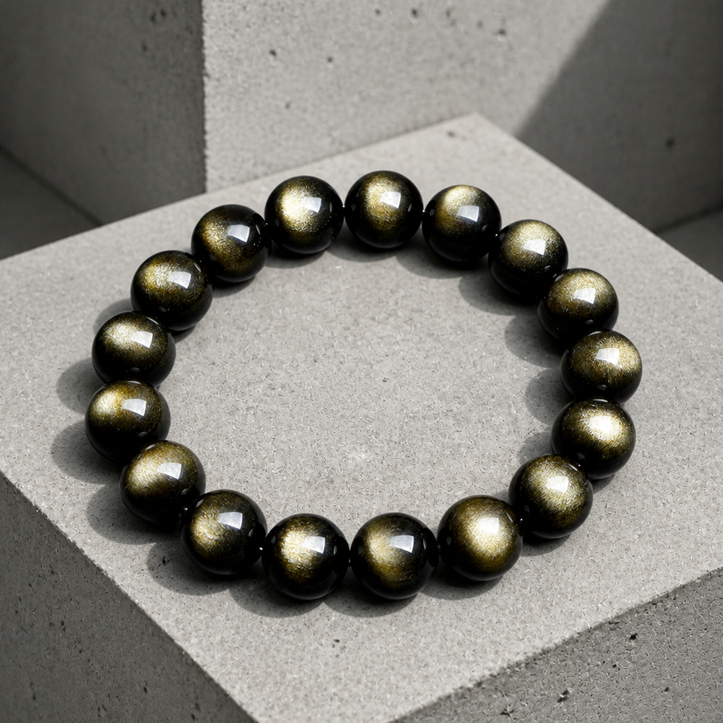 Bracelet homme obsidienne à reflet doré, perles rondes