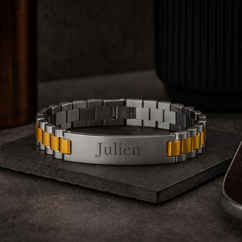 Bracelet homme or et argent, plaque en acier brossé gravée Julien