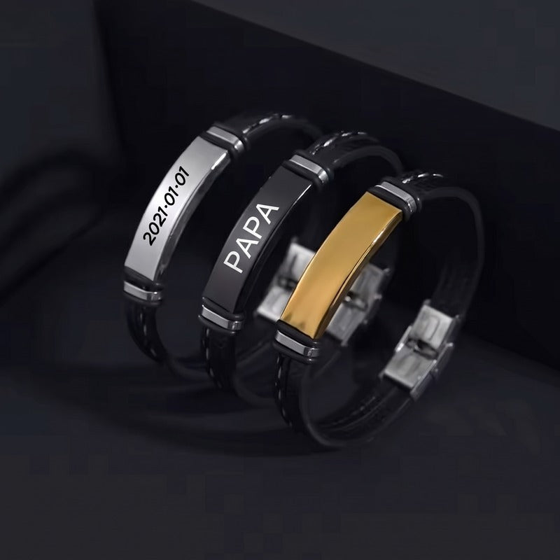 Bracelet homme papa, les trois finitions gravées d'une date et du mot Papa