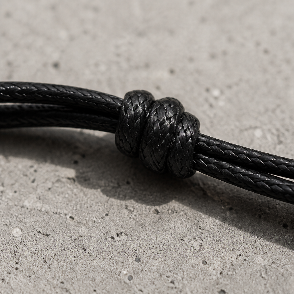 Macro d'un nœud coulissant sur le cordon tressé noir double rang