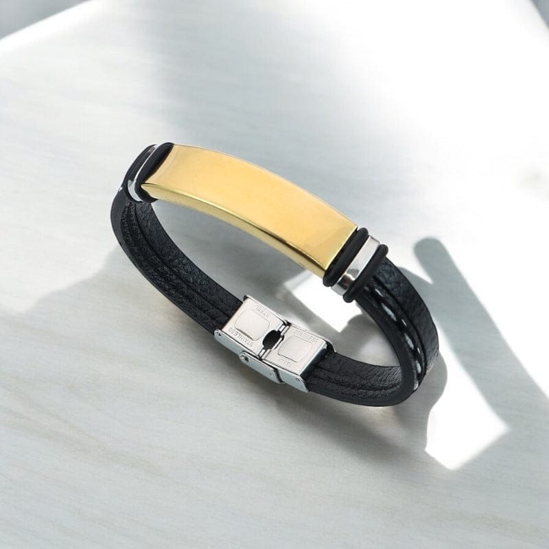 Bracelet homme papa doré, grande plaque cintrée à graver