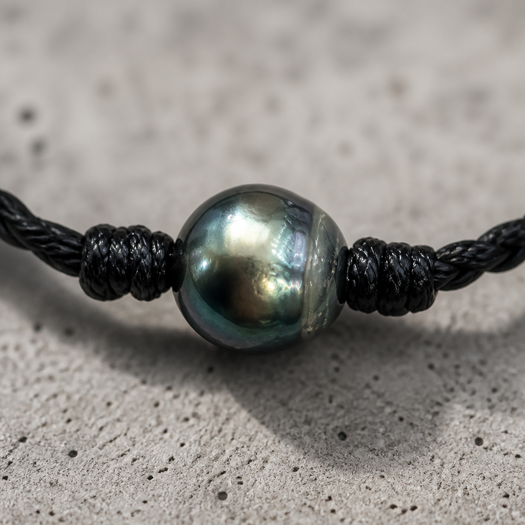 Des Finitions Exemplaires - Bracelet Homme Perle de Tahiti Noire sur Cordon