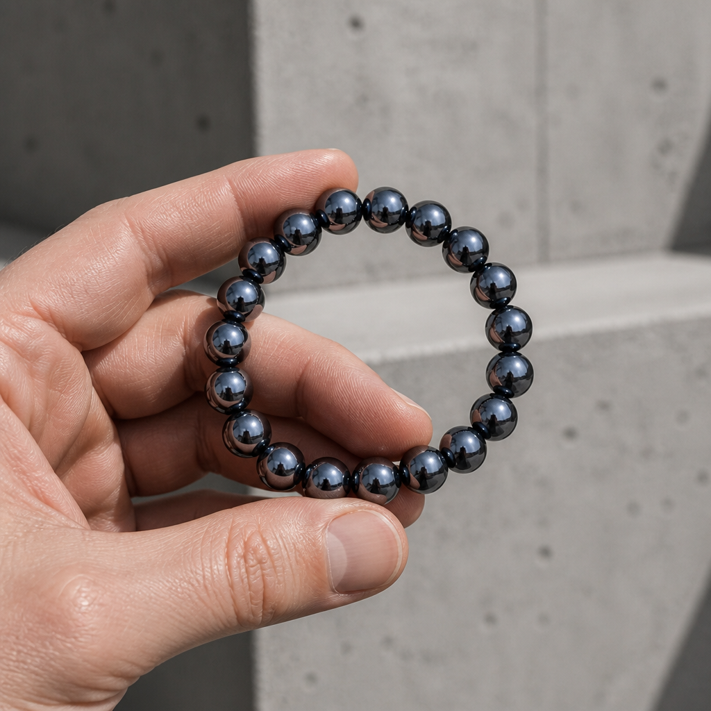 Bracelet perles noires tenu dans la main d'un homme