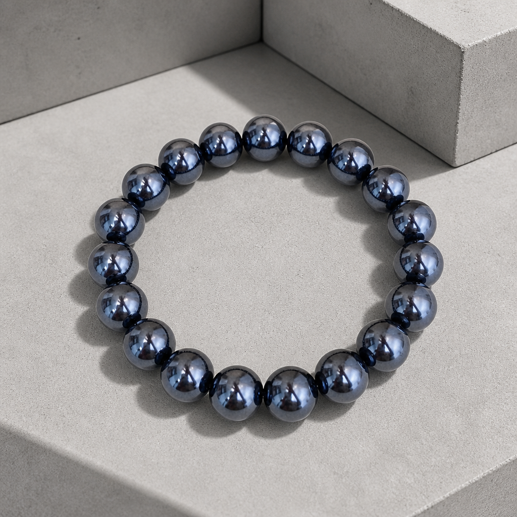 Bracelet homme perles noires de coquillage, rang complet sur fond béton