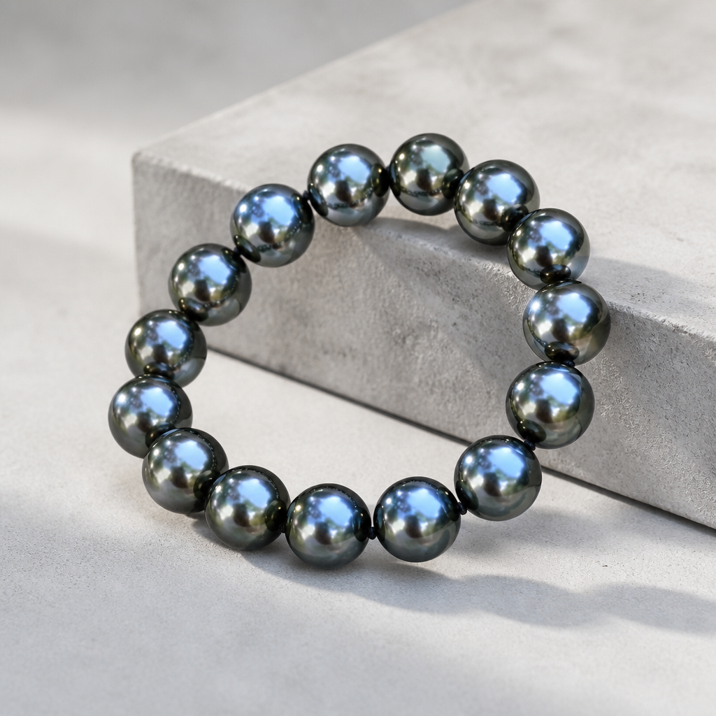 Bracelet perles noires posé de trois quarts contre un bloc de béton