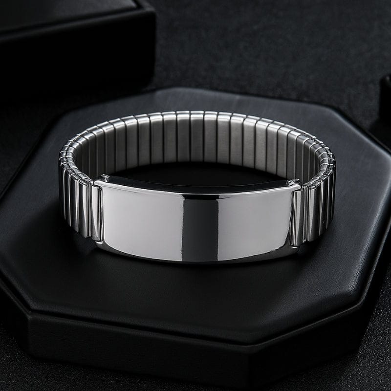 Bracelet homme réglable en acier extensible argent avec plaque à graver