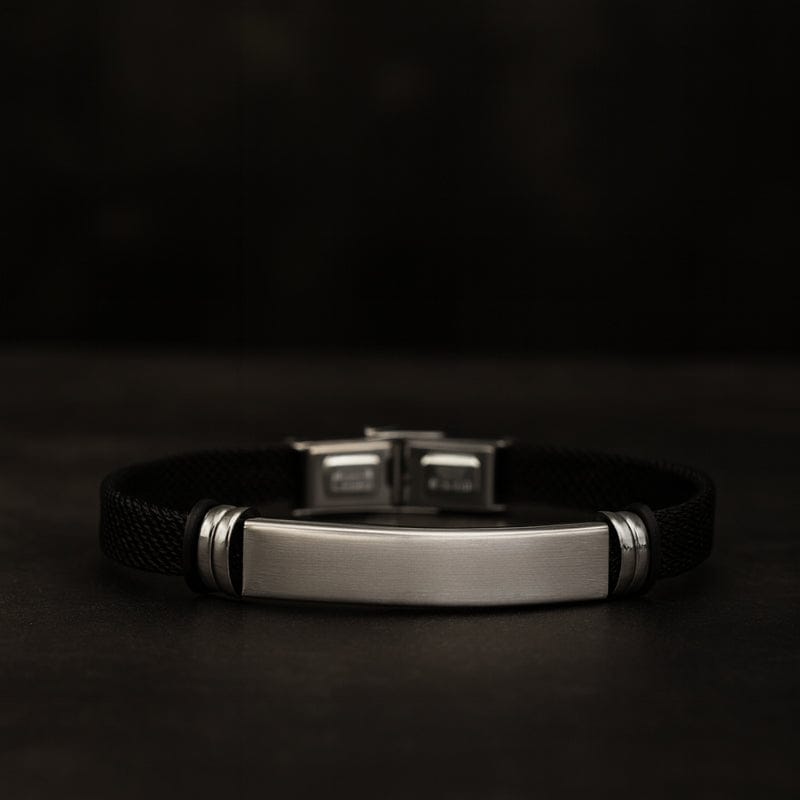 Bracelet maille homme en acier, maille noire et plaque argent à graver