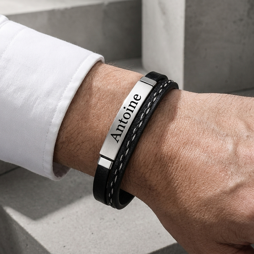 Bracelet cuir homme personnalisé porté au poignet, plaque argentée gravée d'un prénom
