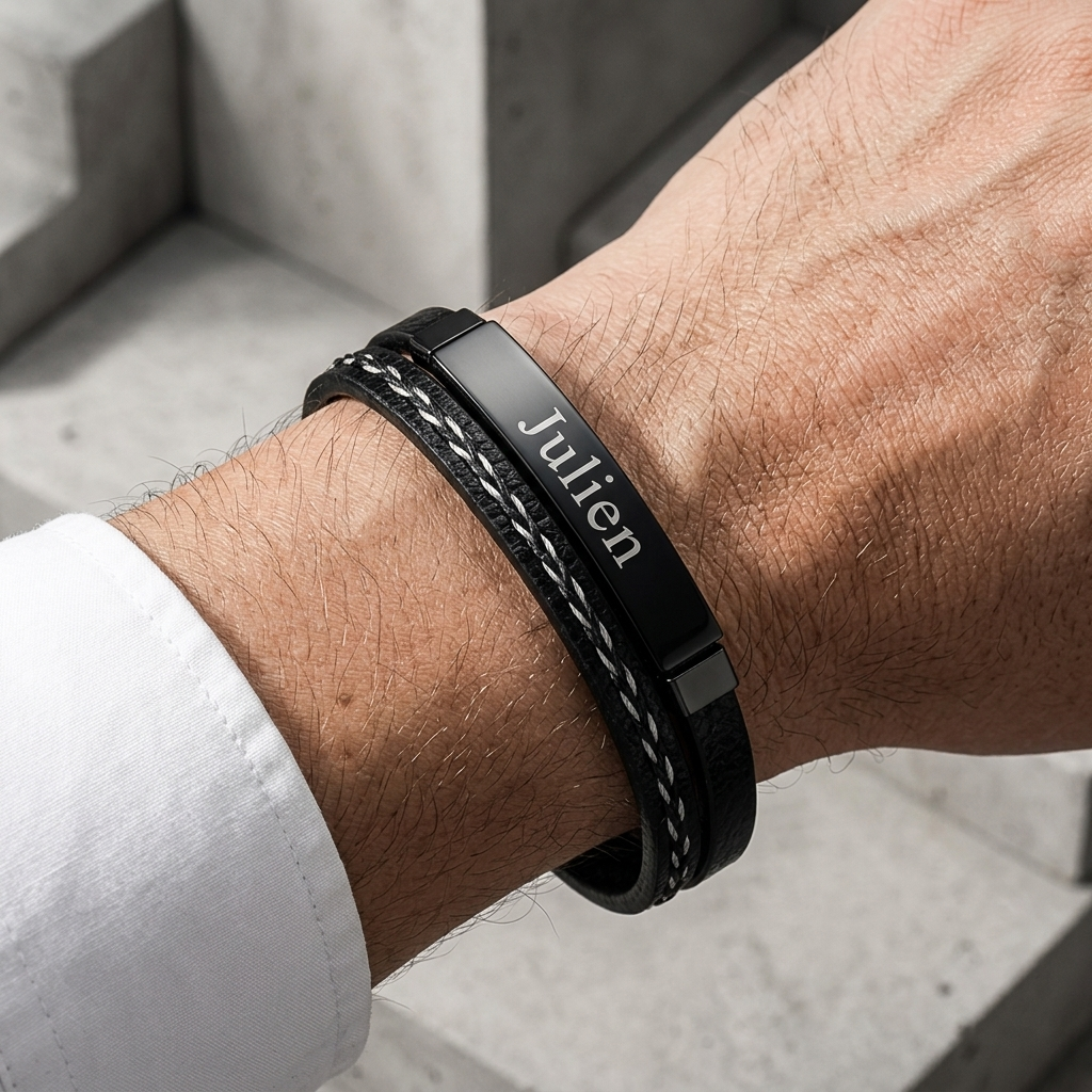 Bracelet cuir homme personnalisé porté au poignet, plaque noire gravée d'un prénom