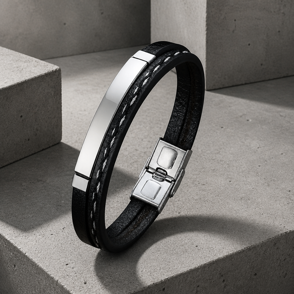 Bracelet cuir homme personnalisé en similicuir noir, plaque acier argentée à graver