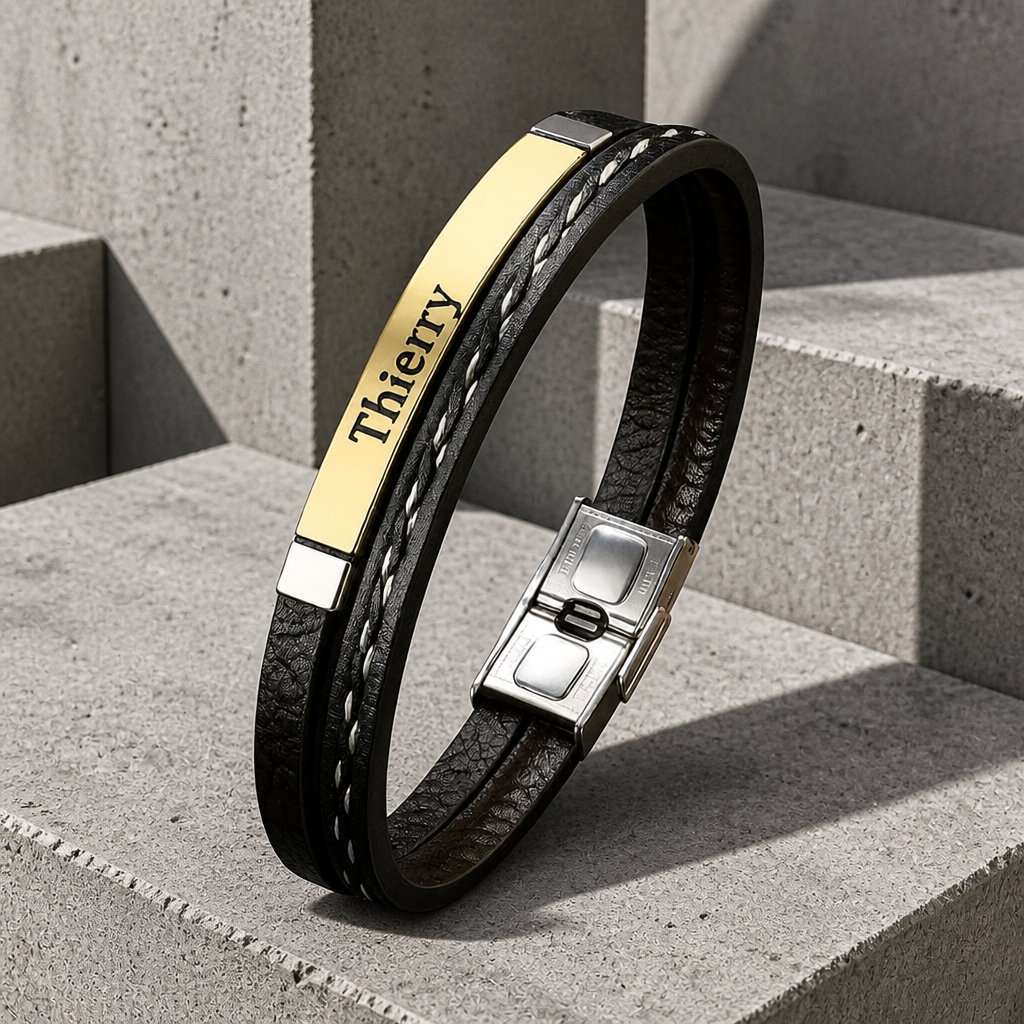 Bracelet cuir homme personnalisé, plaque acier dorée gravée d'un prénom