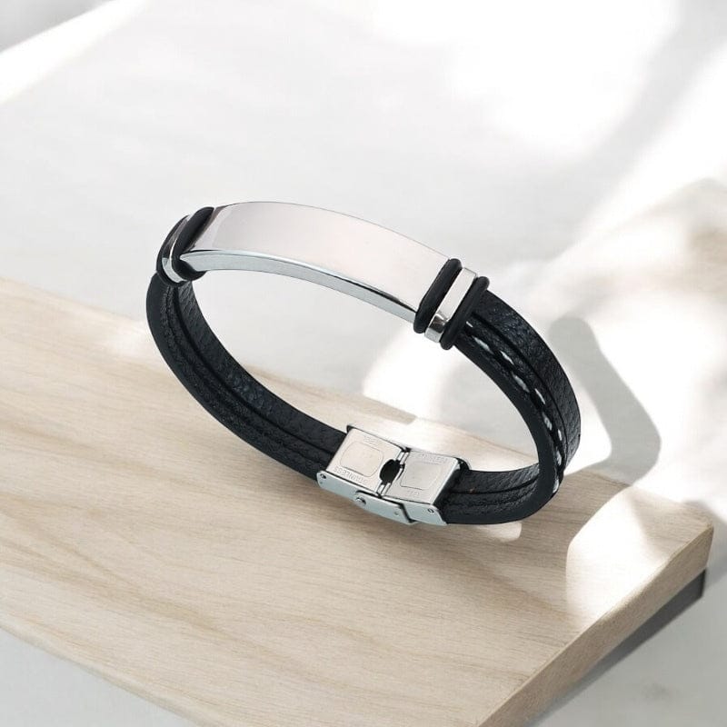 Bracelet homme personnalisé, grande plaque en acier argent à graver