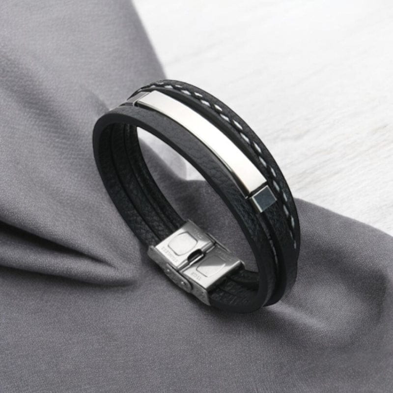 Bracelet large homme personnalisé multi rangs, plaque en acier argent