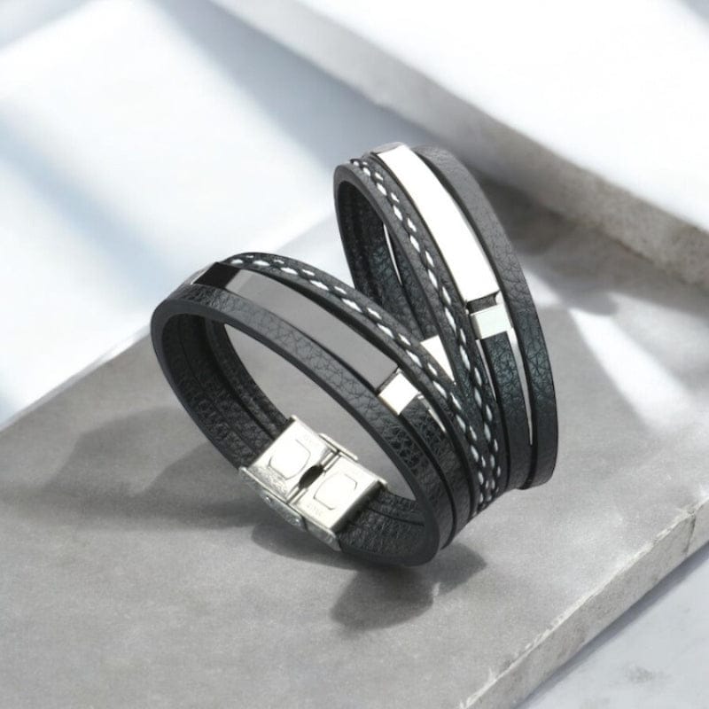Bracelet large homme personnalisé, rangs surpiqués et plaque argent