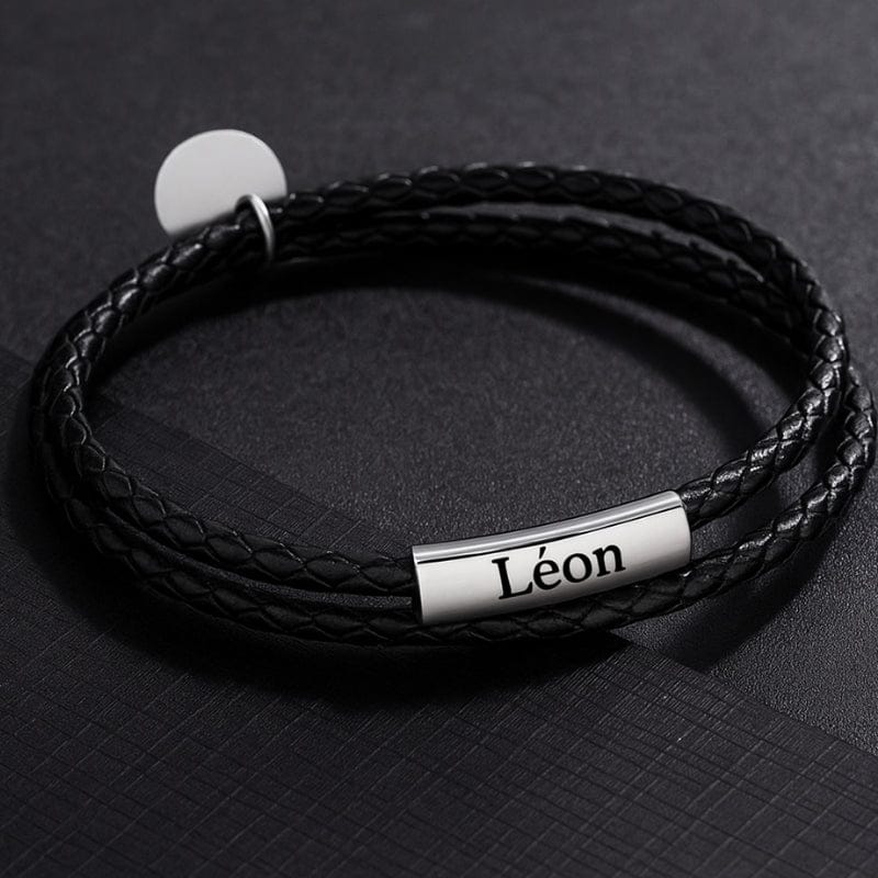 Bracelet homme double tour personnalisé, barrette argent gravée et médaillon