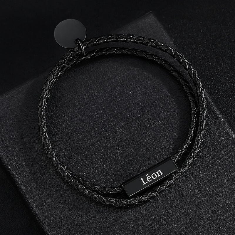 Bracelet homme double tour, barrette noire gravée et breloque ronde