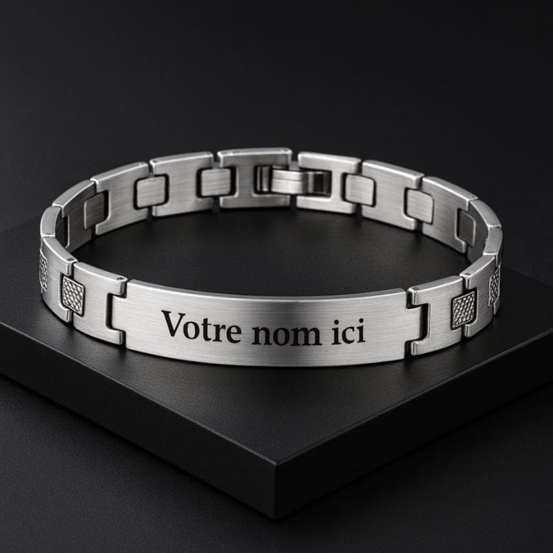 Bracelet homme haut de gamme en acier, plaque gravée en exemple