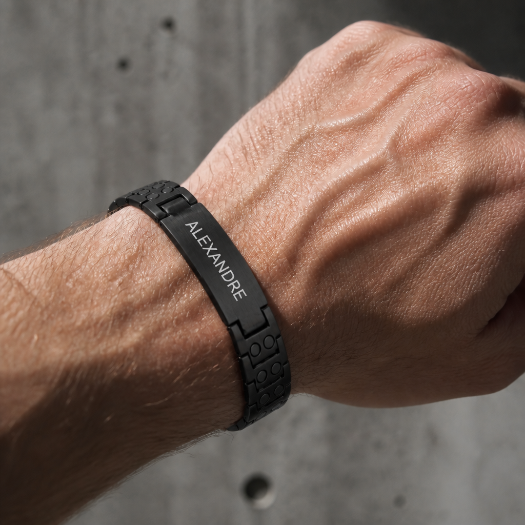 Bracelet noir gravé d'un prénom porté au poignet