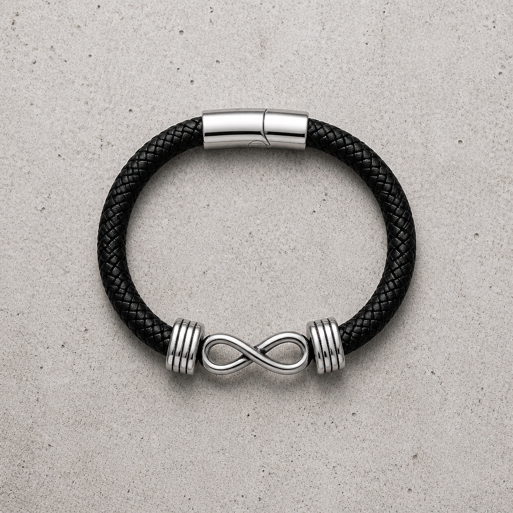 Bracelet homme punk infini à plat, cordon noir et fermoir acier