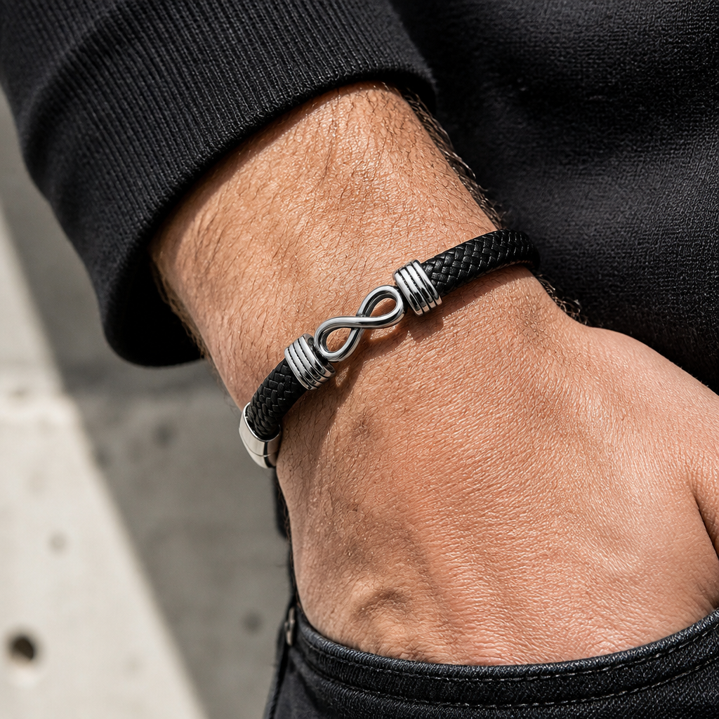 Bracelet homme punk infini porté au poignet d'un homme