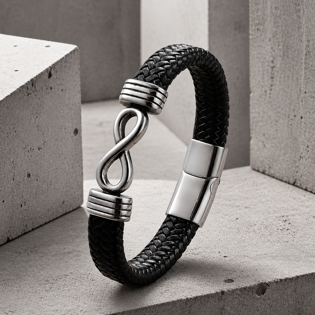 Bracelet homme punk, cordon noir tressé épais et signe de l'infini en acier argenté