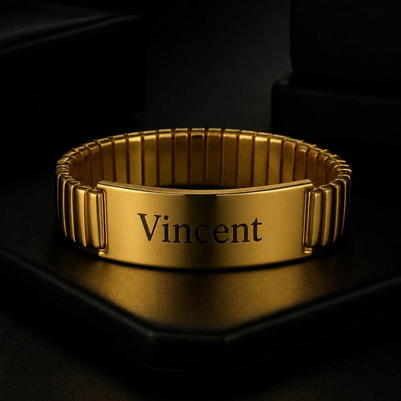 Bracelet homme réglable en acier extensible doré, plaque gravée Vincent