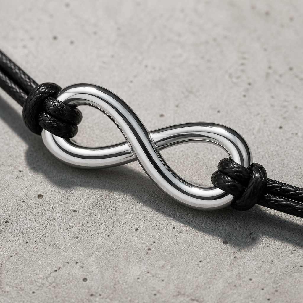 Gros plan du symbole infini en acier inoxydable sur cordon ciré noir