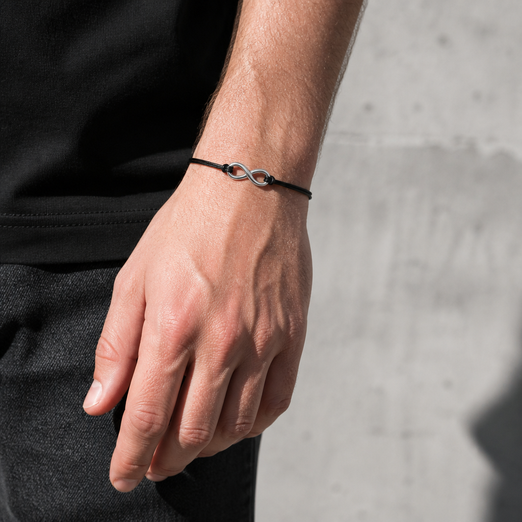 Bracelet homme réglable infini porté au poignet, cordon ciré noir