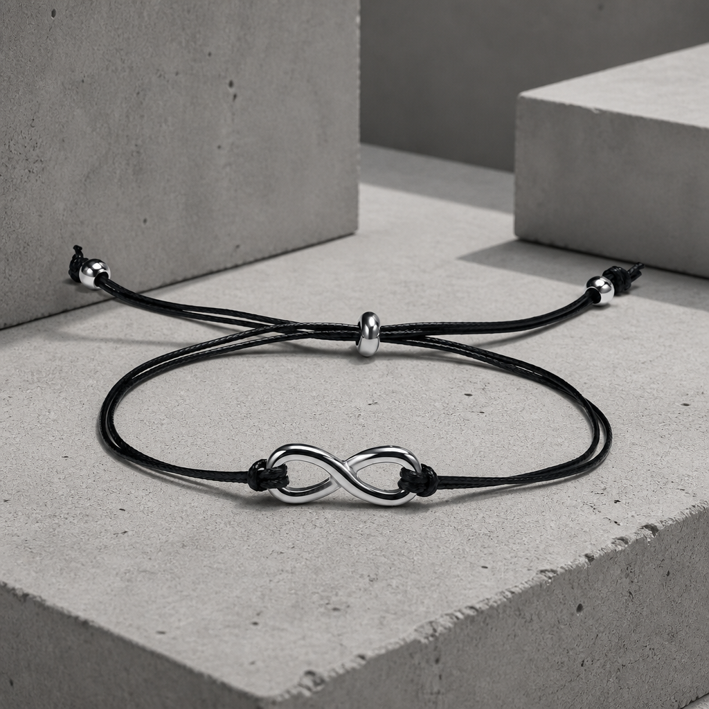 Bracelet homme réglable, cordon ciré noir à signe infini en acier, sur béton