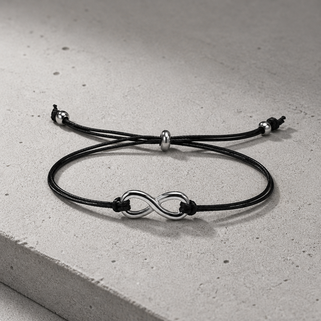 Bracelet homme réglable infini, cordon ciré noir posé à plat sur béton