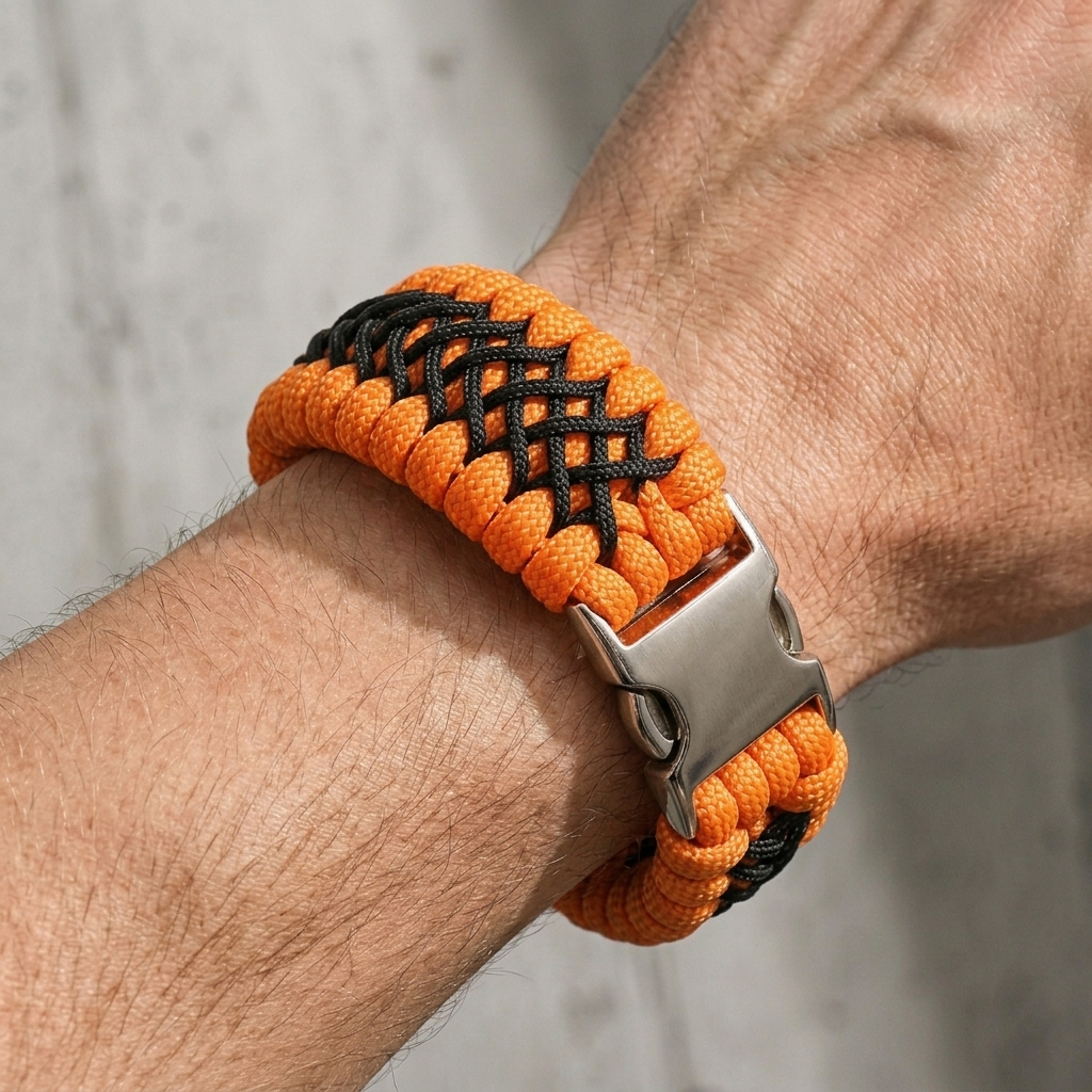 Paracorde tressée orange et noire portée sur un avant-bras