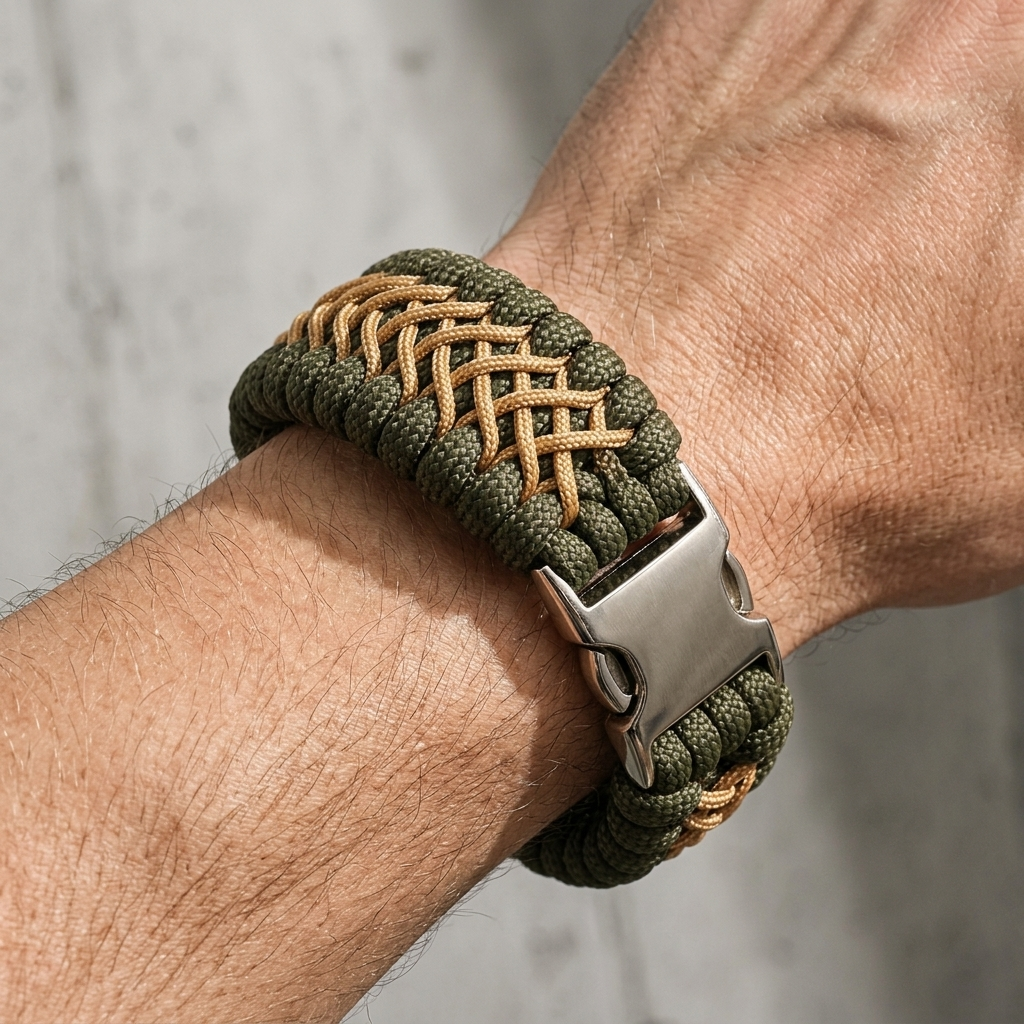Bracelet homme sport porté au poignet, paracorde tressée verte et beige