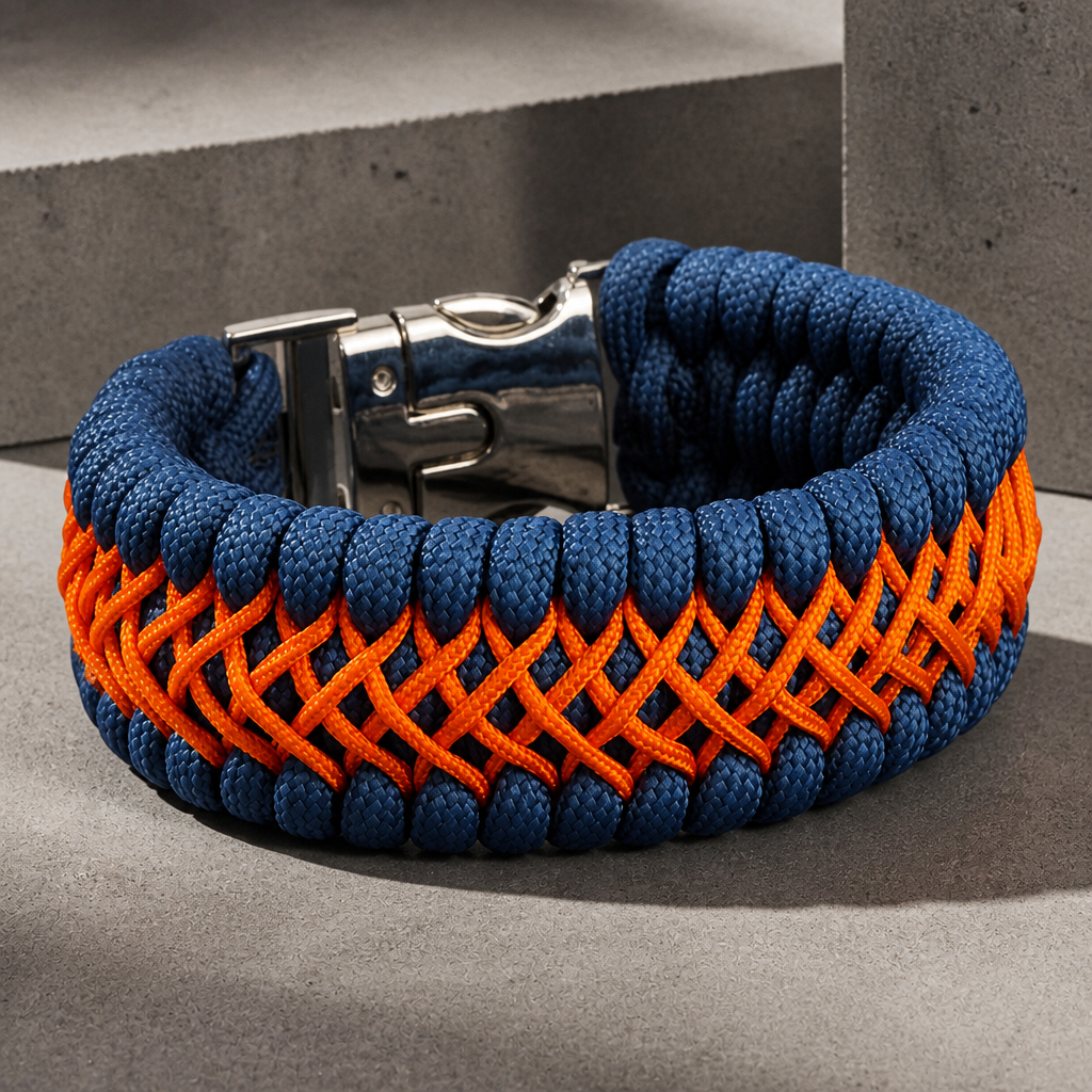 Bracelet en paracorde tressée bleue et orange, boucle à clip métallique