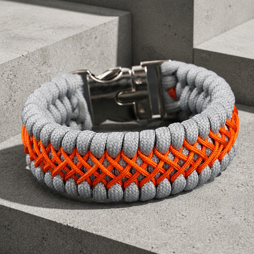 Bracelet en paracorde tressée grise et orange, boucle métallique fermée