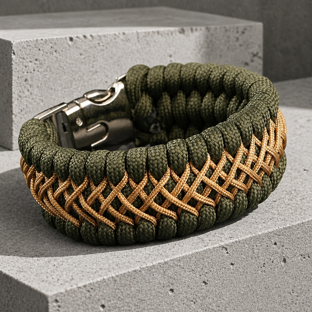Bracelet homme sport en paracorde tressée verte et beige, posé sur un bloc de béton