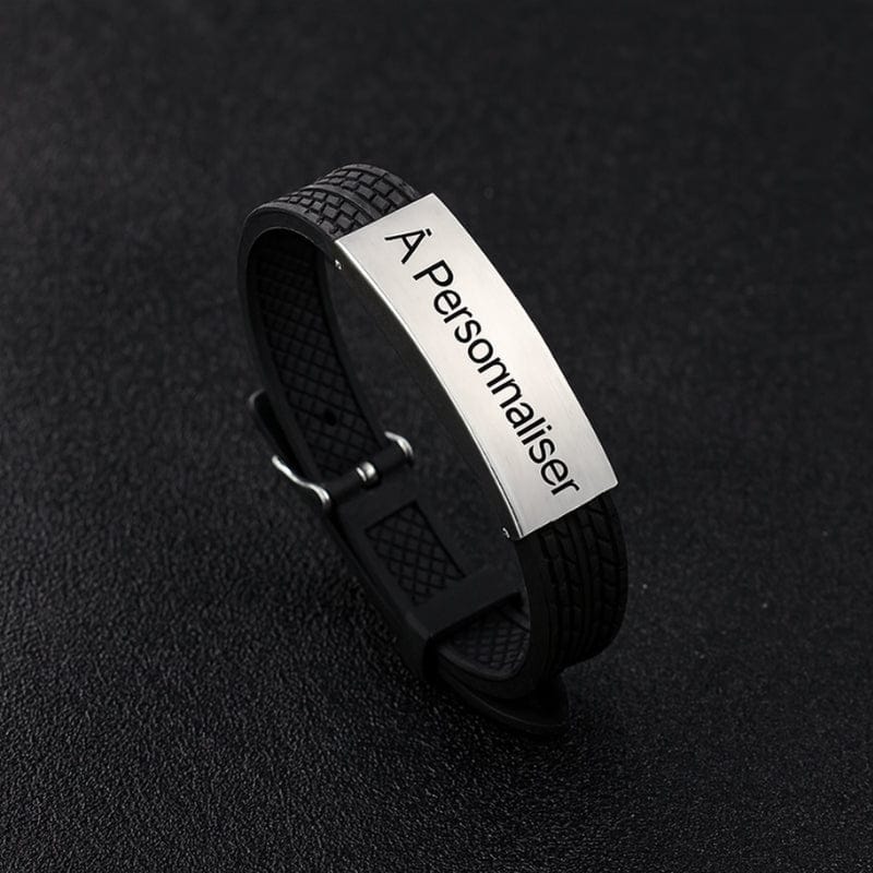Bracelet homme sport en silicone noir, plaque argent à personnaliser